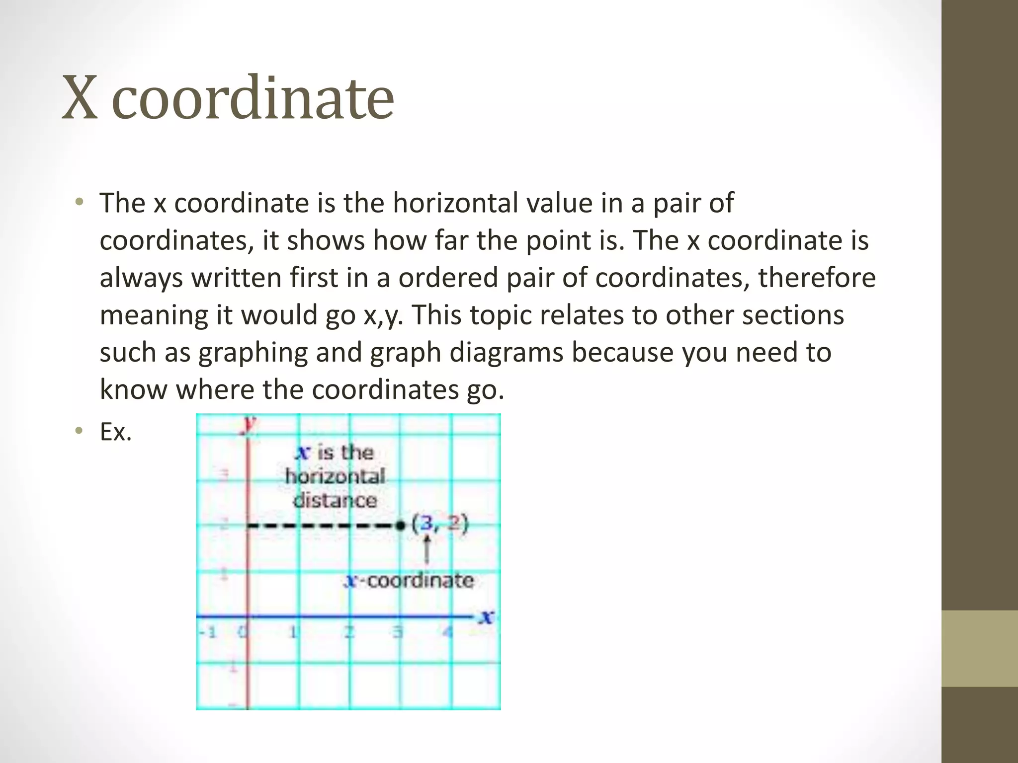 X coordinate
• The x coordinate is the horizontal value in a pair of
coordinates, it shows how far the point is. The x coordinate is
always written first in a ordered pair of coordinates, therefore
meaning it would go x,y. This topic relates to other sections
such as graphing and graph diagrams because you need to
know where the coordinates go.
• Ex.
 