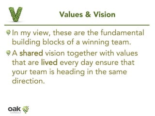 Values & Vision 
In my view, these are the fundamental building blocks of a winning team. 
A sharedvision together with va...