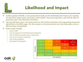 Likelihood and Impact
In the context of BCM, a risk assessment looks at the likelihood and impact of a variety
of risks th...