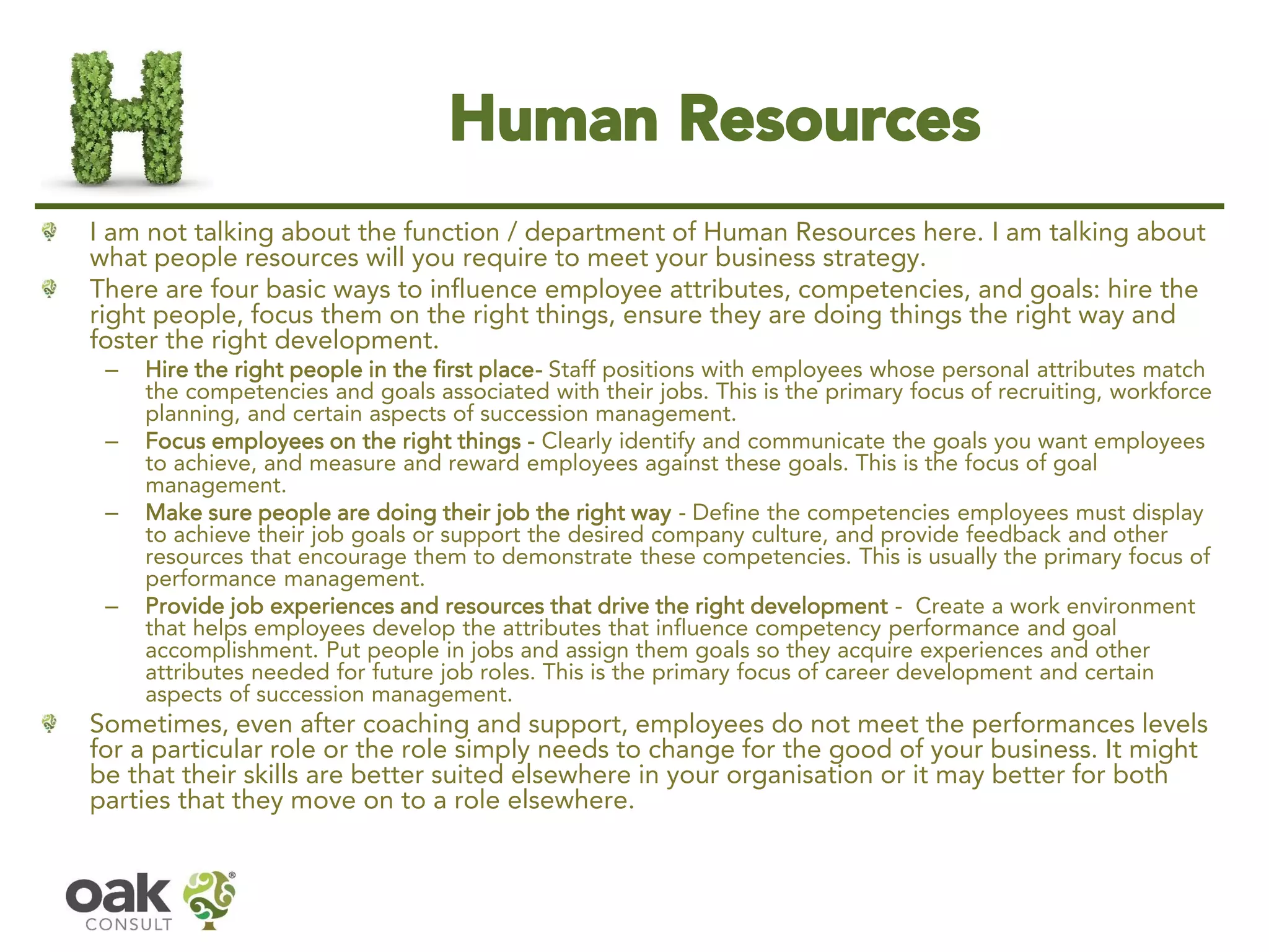 Human Resources 
I am not talking about the function / department of Human Resources here. I am talking about what people resources will you require to meet your business strategy. 
There are four basic ways to influence employee attributes, competencies, and goals: hire the right people, focus them on the right things, ensure they are doing things the right way and foster the right development. 
–Hire the right people in the first place-Staff positions with employees whose personal attributes match the competencies and goals associated with their jobs. This is the primary focus of recruiting, workforce planning, and certain aspects of succession management. 
–Focus employees on the right things -Clearly identify and communicate the goals you want employees to achieve, and measure and reward employees against these goals. This is the focus of goal management. 
–Make sure people are doing their job the right way-Define the competencies employees must display to achieve their job goals or support the desired company culture, and provide feedback and other resources that encourage them to demonstrate these competencies. This is usually the primary focus of performance management. 
–Provide job experiences and resources that drive the right development-Create a work environment that helps employees develop the attributes that influence competency performance and goal accomplishment. Put people in jobs and assign them goals so they acquire experiences and other attributes needed for future job roles. This is the primary focus of career development and certain aspects of succession management. 
Sometimes, even after coaching and support, employees do not meet the performances levels for a particular role or the role simply needs to change for the good of your business. It might be that their skills are better suited elsewhere in your organisation or it may better for both parties that they move on to a role elsewhere.  