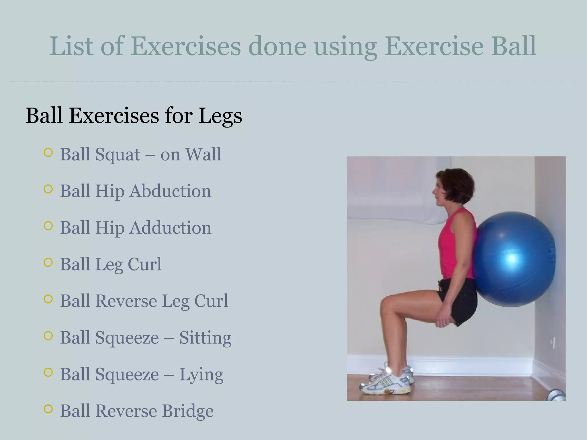 List of Exercises done using Exercise Ball
Ball Exercises for Legs


Ball Squat – on Wall



Ball Hip Abduction



Ball Hip Adduction



Ball Leg Curl



Ball Reverse Leg Curl



Ball Squeeze – Sitting



Ball Squeeze – Lying



Ball Reverse Bridge

 