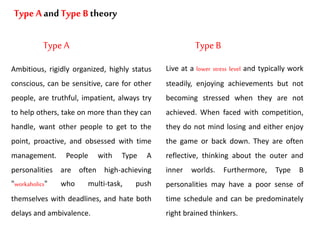 TypeA and Type B theory
Ambitious, rigidly organized, highly status
conscious, can be sensitive, care for other
people, ar...