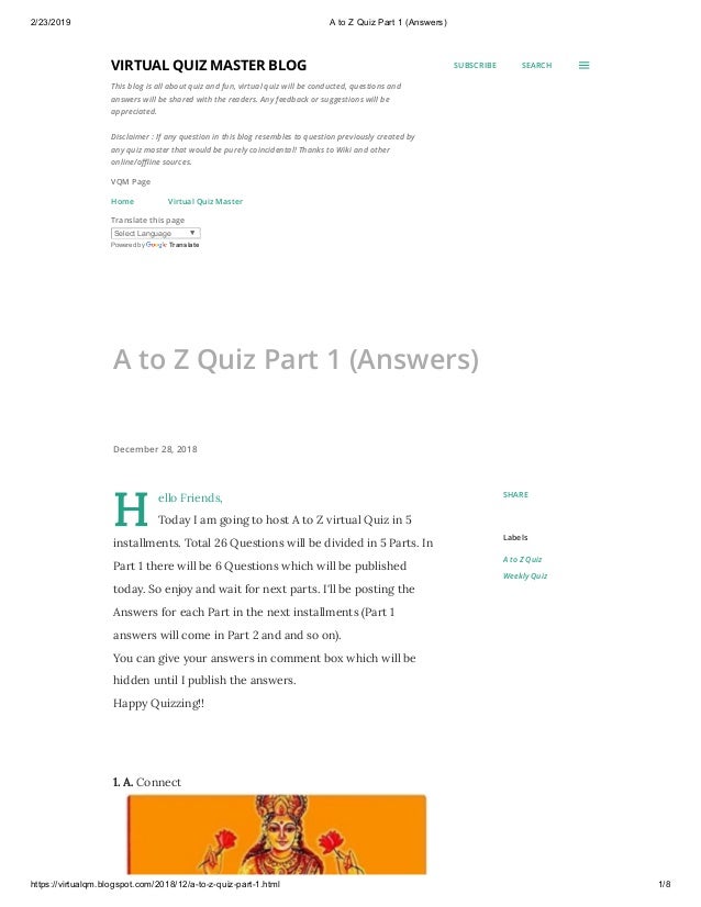 A To Z Quiz Part 1 Answers A To Z Quiz Part 1 Answers