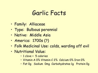 Garlic Facts Family:  Alliaceae Type:  Bulbous perennial Native:  Middle Asia America:  1700s (?) Folk Medicinal Use: colds, warding off evil Nutritional Value:  1 clove =  5 calories Vitamin A 0% Vitamin C 2%  Calcium 0% Iron 0% Fat 0g  Sodium  0mg  Carbohydrates 1g  Protein 0g 