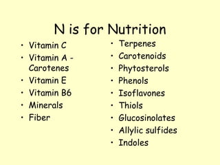 N is for Nutrition Vitamin C Vitamin A - Carotenes Vitamin E Vitamin B6 Minerals Fiber Terpenes Carotenoids Phytosterols Phenols Isoflavones Thiols Glucosinolates Allylic sulfides Indoles 