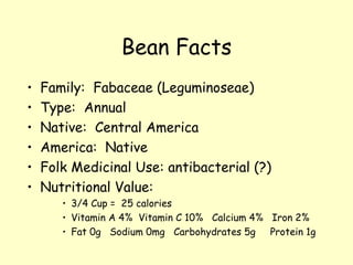 Bean Facts Family:  Fabaceae (Leguminoseae) Type:  Annual Native:  Central America America:  Native Folk Medicinal Use: antibacterial (?) Nutritional Value:  3/4 Cup =  25 calories Vitamin A 4%  Vitamin C 10%  Calcium 4%  Iron 2% Fat 0g  Sodium 0mg  Carbohydrates 5g  Protein 1g 