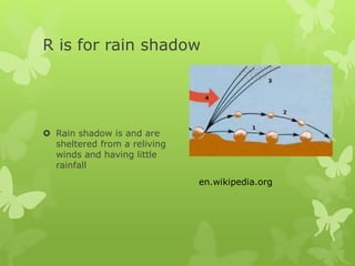R is for rain shadow
 Rain shadow is and are
sheltered from a reliving
winds and having little
rainfall
en.wikipedia.org
 