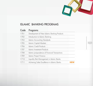 ISLAMIC BANKING PROGRAMS

Code   Programs
1701   Development of New Islamic Banking Products
1702   Introduction to Islamic Banking
1703   Islamic Accounting Standards
1705   Islamic Capital Markets                                          101
1706   Islamic Credit Products
1707   Islamic Investment Products
1708   Islamic Jurisprudence of Financial Transactions
1709   Islamic Project Finance
1710   Liquidity Risk Management in Islamic Banks
1711   Achieving Sales Excellence in Islamic Banks       NEW




                                                               Return to Index
 
