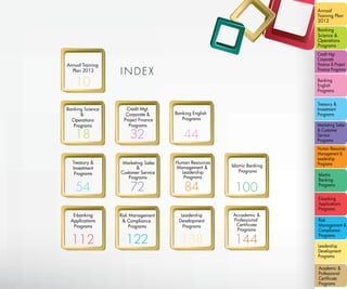 Annual Training
  Plan 2012
                  INDEX
    10

Banking Science     Credit Mgt.
      &             Corporate &      Banking English
  Operations       Project Finance      Programs
   Programs          Programs

   18                 32                 44

  Treasury &       Marketing Sales   Human Resources
                         &           Management &      Islamic Banking
  Investment
                  Customer Service     Leadership          Programs
   Programs
                     Programs           Programs

    54                72                 84             100

  E-banking       Risk Management      Leadership      Accademic &
 Applications      & Compliance       Development      Professional
  Programs             Programs         Programs        Certiﬁcate
                                                         Programs

  112               122                138              144
 