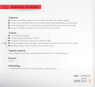 Course
No:1808        FINANCIAL MODELING


           Objectives:
              Understand the different types of ﬁnancial models and when each should be applied.
              Construct ﬁnancial models making use of a broad range of Excel Methodologys and techniques.
              Incorporate elements such as risk, sensitivity, optimization and forecasting into ﬁnancial models.
              Produce meaningful management reports and charts for communication.


           Contents:
              Concentrating spreadsheet
              Auditing and the advanced use of Excel
              Construction of ﬁnancial, valuation and investment models
118           Incorporating forecasting, optimization, risk assessment and sensitivity scenarios into these models
              Reporting, analysis, results, comments, recommendation, charts


           Targeted Audience:
           Strong understanding of Excel, corporate department, risk ofﬁcers, investment banking.


           Duration:
           3 Days


           Methodology:
           Complete hands on, lab work and practice sessions, cases, scenarios.



                                                                                                             Sharjah   | Apr 29- May 1
                                                                                                                        Sep 23-25
                                                                                                             Abu Dhabi | Apr 22-24

  Return
 