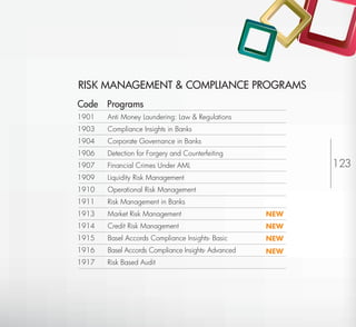 RISK MANAGEMENT & COMPLIANCE PROGRAMS
Code Programs
1901   Anti Money Laundering: Law & Regulations
1903   Compliance Insights in Banks
1904   Corporate Governance in Banks
1906   Detection for Forgery and Counterfeiting
1907   Financial Crimes Under AML                                  123
1909   Liquidity Risk Management
1910   Operational Risk Management
1911   Risk Management in Banks
1913   Market Risk Management                        NEW
1914   Credit Risk Management                        NEW
1915   Basel Accords Compliance Insights- Basic      NEW
1916   Basel Accords Compliance Insights- Advanced   NEW
1917   Risk Based Audit




                                                           Return to Index
 