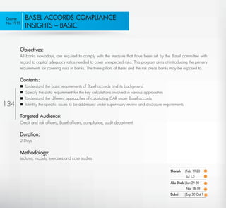 Course         BASEL ACCORDS COMPLIANCE
No:1915
               INSIGHTS – BASIC


           Objectives:
           All banks nowadays, are required to comply with the measure that have been set by the Basel committee with
           regard to capital adequacy ratios needed to cover unexpected risks. This program aims at introducing the primary
           requirements for covering risks in banks. The three pillars of Basel and the risk areas banks may be exposed to.


           Contents:
              Understand the basic requirements of Basel accords and its background
              Specify the data requirement for the key calculations involved in various approaches
              Understand the different approaches of calculating CAR under Basel accords
134           Identify the speciﬁc issues to be addressed under supervisory review and disclosure requirements

           Targeted Audience:
           Credit and risk ofﬁcers, Basel ofﬁcers, compliance, audit department


           Duration:
           2 Days


           Methodology:
           Lectures, models, exercises and case studies


                                                                                                       Sharjah    |Feb. 19-20
                                                                                                                   Jul 1-2
                                                                                                       Abu Dhabi|Jan 29-30
                                                                                                                   Nov 18-19
                                                                                                       Dubai      |Sep 30-Oct 1

  Return
 