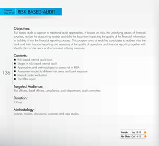 Course
No:1917    RISK BASED AUDIT


       Objectives:
       Risk based audit is superior to traditional audit approaches, it focuses on risks, the underlying causes of ﬁnancial
       surprises, not just the accounting records and shifts the focus from inspecting the quality of the ﬁnancial information
       to building it into the ﬁnancial reporting process. This program aims at enabling candidates to address risks the
       bank and their ﬁnancial reporting and assessing of the quality of operations and ﬁnancial reporting together with
       identiﬁcation of risk areas and recommend ratifying measures.

       Contents:
          Risk based internal audit focus
          Stages in risk based internal audit
          Approaches and methodologies to assess risk in RBIA
           Assessment models to different risk areas and bank exposure
136    
          Internal control evaluation
          The RBIA report

       Targeted Audience:
       Risk ofﬁcers, Basel ofﬁcers, compliance, audit department, audit committee.

       Duration:
       2 Days

       Methodology:
       Lectures, models, discussions, exercises and case studies.




                                                                                                       Sharjah   |Sep 18-19
                                                                                                       Abu Dhabi|Oct 14-15

  Return                                                                                                                  Return to Index
 