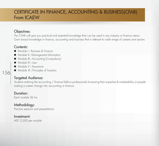 CERTIFICATE IN FINANCE, ACCOUNTING & BUSINESS(CFAB)
          From ICAEW

          Objectives:
          The CFAB will give you practical and essential knowledge that can be used in any industry or ﬁnance arena.
          Gain broad knowledge in ﬁnance, accounting and business that is relevant to wide range of careers and sectors

          Contents:
             Module   I : Business & Finance
             Module   II : Management Information
             Module   III : Accounting (Compulsory)
             Module   IV : Law
             Module   V : Assurance
             Module   VI : Principles of Taxation
156
          Targeted Audience:
          Students entering the accounting / ﬁnance ﬁeld or professionals Increasing their expertise & marketability or people
          making a career change into accounting or ﬁnance.

          Duration:
          Each module 36 hrs

          Methodology:
          Practice sessions and presentations

          Investment:
          AED 2,500 per module




 Return
 