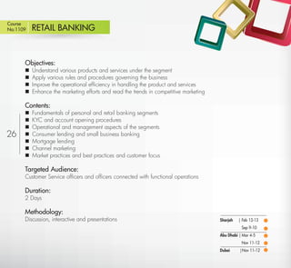 Course
No:1109     RETAIL BANKING



       Objectives:
           Understand various products and services under the segment
           Apply various rules and procedures governing the business
           Improve the operational efﬁciency in handling the product and services
           Enhance the marketing efforts and read the trends in competitive marketing

       Contents:
           Fundamentals of personal and retail banking segments
           KYC and account opening procedures
           Operational and management aspects of the segments
26         Consumer lending and small business banking
           Mortgage lending
           Channel marketing
           Market practices and best practices and customer focus

       Targeted Audience:
       Customer Service ofﬁcers and ofﬁcers connected with functional operations

       Duration:
       2 Days

       Methodology:
       Discussion, interactive and presentations                                         Sharjah   | Feb 12-13
                                                                                                    Sep 9-10
                                                                                         Abu Dhabi | Mar 4-5
                                                                                                    Nov 11-12
                                                                                         Dubai     |Nov 11-12

   Return
 