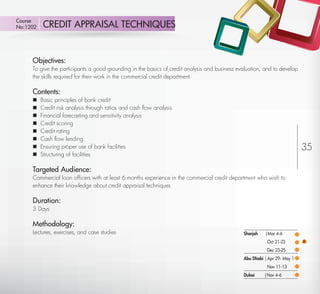 Course
No:1202       CREDIT APPRAISAL TECHNIQUES


         Objectives:
         To give the participants a good grounding in the basics of credit analysis and business evaluation, and to develop
         the skills required for their work in the commercial credit department.

         Contents:
            Basic principles of bank credit
            Credit risk analysis through ratios and cash ﬂow analysis
            Financial forecasting and sensitivity analysis
            Credit scoring
            Credit rating
            Cash ﬂow lending
            Ensuring proper use of bank facilities                                                                            35
            Structuring of facilities

         Targeted Audience:
         Commercial loan ofﬁcers with at least 6 months experience in the commercial credit department who wish to
         enhance their knowledge about credit appraisal techniques

         Duration:
         3 Days

         Methodology:
         Lectures, exercises, and case studies                                                     Sharjah   |Mar 4-6
                                                                                                              Oct 21-23        A
                                                                                                              Dec 23-25
                                                                                                   Abu Dhabi | Apr 29- May 1
                                                                                                              Nov 11-13
                                                                                                   Dubai     |Nov 4-6

Return
 