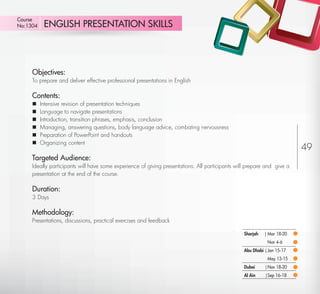 Course
No:1304       ENGLISH PRESENTATION SKILLS




         Objectives:
         To prepare and deliver effective professional presentations in English

         Contents:
            Intensive revision of presentation techniques
            Language to navigate presentations
            Introduction, transition phrases, emphasis, conclusion
            Managing, answering questions, body language advice, combating nervousness
            Preparation of PowerPoint and handouts
            Organizing content
                                                                                                                             49
         Targeted Audience:
         Ideally participants will have some experience of giving presentations. All participants will prepare and give a
         presentation at the end of the course.

         Duration:
         3 Days

         Methodology:
         Presentations, discussions, practical exercises and feedback

                                                                                                     Sharjah   | Mar 18-20
                                                                                                                Nov 4-6
                                                                                                     Abu Dhabi | Jan 15-17
                                                                                                                May 13-15
                                                                                                     Dubai     | Nov 18-20
                                                                                                     Al Ain    |Sep 16-18

Return
 