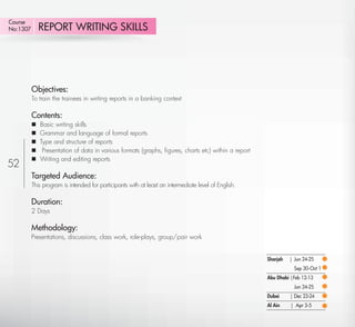 Course
No:1307        REPORT WRITING SKILLS




           Objectives:
           To train the trainees in writing reports in a banking context

           Contents:
              Basic writing skills
              Grammar and language of formal reports
              Type and structure of reports
               Presentation of data in various formats (graphs, ﬁgures, charts etc) within a report
              Writing and editing reports
52
           Targeted Audience:
           This program is intended for participants with at least an intermediate level of English.

           Duration:
           2 Days

           Methodology:
           Presentations, discussions, class work, role-plays, group/pair work


                                                                                                       Sharjah   | Jun 24-25
                                                                                                                   Sep 30-Oct 1
                                                                                                       Abu Dhabi |Feb 12-13
                                                                                                                   Jun 24-25
                                                                                                       Dubai     | Dec 23-24
                                                                                                       Al Ain    | Apr 3-5

  Return                                                                                                                       Return to Index
 