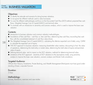 Course
No:1403     BUSINESS VALUATION

          Objectives:
           To identify the rationale and scenarios for doing business valuations.
           To recognize the different methods used to value businesses.
           To cover the different methodologies and focus on the Discounted Cash Flow (DCF) method, projected free cash
            ﬂows, Weighted Average Cost of Capital (WACC) and terminal value.
           To conclude with an introduction to sensitivity and scenario analysis, which is used to improve the base case
            valuation.

          Contents:
           Introduction to business valuation and common valuation methodologies.
           Foundations of free cash ﬂow: cash ﬂow vs. free cash ﬂow, determining free cash ﬂow, reconciling free cash
            ﬂow with the consolidated statement of cash ﬂow value drivers.
           The Weighted Average Cost of Capital (WACC): calculating the after-tax expected cost of debt, using CAPM
 58         to calculate the expected cost of equity.
           THE DCF approach to business valuation: measuring shareholder value creation, discounting to ﬁnd the value
            of operations, determining the total entity or market value, determining the total value of equity and per-share
            value of equity.
           Deﬁning terminal value and its impact on the DCF valuation, methods for determining terminal value.
           Limitations of the DCF approach: sensitivity of DCF valuations to the assumptions made, using sensitivity
            analysis to improve the base case valuation, scenario analysis and Monte Carlo simulations.

          Targeted Audience:
          Ofﬁcers from Treasury, Investments, Private Banking, and Wealth Management (Participants must have good under-
          standing of basic corporate ﬁnance)

          Duration:
          3 Days

          Methodology:                                                                                Sharjah   | April 15-17
          Lectures, illustrations, exercises and case studies.                                        Abu Dhabi | July 1-3

   Return
 