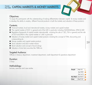 Course
No:1404      CAPITAL MARKETS & MONEY MARKETS


         Objectives:
         To equip the participants with the understanding of making differentiation between capital & money markets and
         to develop the ability to employ different ﬁnancial products in both the markets and valuation of these products.

         Contents:
          Financial markets, local and international markets, money markets and capital markets
          The capital markets of GCC in general and of the UAE in particular including NASDAQ-Dubai, DFM & ADX
          Regulatory framework of capital markets internationally including the role of SEC, FSA in general and the role
           of SCA and DFSA in the capital markets of UAE in particular
          Valuation of money market and capital market products including the concept of TVM, discounting and
           compounding etc.
          Money markets and capital market products
          Stock valuation and stock market indices                                                                          59
          Bond valuation and concept of bond ratings
          Valuation of short term securities like T-Bills etc.

         Targeted Audience:
         Ofﬁcers in treasury department, investment department, credit department & operations department

         Duration:
         2 Days

         Methodology:
         Lectures, exercises and case studies
                                                                                                    Sharjah   | Mar 4-5
                                                                                                               Apr 22-23
                                                                                                               Oct 14-15
                                                                                                    Abu Dhabi | Jun 10-11
                                                                                                    Dubai     | Dec 9-10

Return
 
