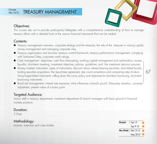Course
 No:1412      TREASURY MANAGEMENT

     Objectives:
     This course sets out to provide participants/delegates with a comprehensive understanding of how to manage
     treasury affairs with a detailed look at the various ﬁnancial instruments that can be traded.

     Contents:
      Treasury management overview: corporate strategy and the treasurer, the role of the treasurer in raising capital,
       money management and managing corporate risks.
      Treasury organization and structure, treasury control framework, treasury performance management, complying
       with Sarbanes-Oxley, corporate credit ratings.
      Cash management objectives: cash ﬂow forecasting, working capital management and optimization, excess
       liquidity: short-term investing, investment objective, policies, guidelines, and the investment decision process.
      Money markets instruments: types of instruments, discount versus interest bearing securities, short-dated bonds,
       funding securities acquisitions: the repurchase agreement, day count conventions and comparing rates of return,      67
       Using longer-dated instruments: rolling down the curve, policy and objectives for short-term borrowing, short-term
       borrowing instruments
      Bond risk management: interest rate exposure, what inﬂuences a bond's price?, Macaulay duration, convexity
       adjustment, present value of a basis point.

     Targeted Audience:
     Senior staff in treasury department, investment department & branch managers with back ground in ﬁnancial
     markets products.

     Duration:
     2 Days

     Methodology:                                                                                 Sharjah   | Apr1-2
     Lectures, exercises and case studies.                                                                   Sep 9-10
                                                                                                  Abu Dhabi | Feb 12-13
                                                                                                             May 20-21

Return
 