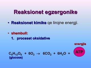 Reaksionet egzergonike
• Reaksionet kimike qe lirojne energji.

• shembull:
  1. proceset oksidative
                                    energjia


C6H12O6 + 6O2  6CO2 + 6H2O +        ATP
(glucose)
 