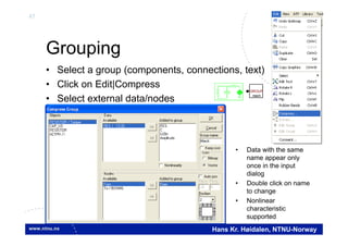 47
Hans Kr. Høidalen, NTNU-Norway
Grouping
• Select a group (components, connections, text)
• Click on Edit|Compress
• Select external data/nodes
GROUP
mech
• Data with the same
name appear only
once in the input
dialog
• Double click on name
to change
• Nonlinear
characteristic
supported
 