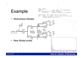 51
Hans Kr. Høidalen, NTNU-Norway
Example
• Multi-phase Models
• New Model probe
SAT
Y
Z
132 kV
SAT
Y Y
5 uH
VCable
132/11.3
SAT
Y Y
SAT
Y
Z
SAT
Y Y
HVBUS
I
5 uH
0.0265
UI
5 mF
U(0)
+
22.2 mH
VCable 0.0265
UI
5 mF
U(0)
+
MODEL
fourier
M
1
Regulation
11.3/10.6 kV
transformers
Diode
bridgesZig-zag
transformers
ZN0d11y0
10.7/0.693 kV
MODEL FOURIER
INPUT X --input signal to be transformed
DATA FREQ {DFLT:50} --power frequency
n {DFLT:26} --number of harmonics to calculate
OUTPUT absF[1..26], angF[1..26],F0 --DFT signals
VAR absF[1..26], angF[1..26],F0,reF[1..26], imF[1..26],
i,NSAMPL,OMEGA,D,F1,F2,F3,F4
(f ile Exa_14.pl4; x-v ar t) m:X0027E m:X0027G m:X0027V m:X0027Y
0.02 0.03 0.04 0.05 0.06 0.07 0.08 0.09 0.10[s]
0
4
8
12
16
20
 