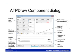 7
Hans Kr. Høidalen, NTNU-Norway
ATPDraw Component dialog
Editable
data
values
Windows
Clipboard
support
Branch
output
Edit local
definitions
Icon/help/
pos/name/
units
Node names
(red=user spec.)
Used for
sorting
Label on
screen
Comment in
ATP file
Component
not to ATP
High
precision
 