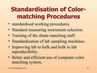 Standardisation of Color-matching Procedures standardised working procedures. Standard measuring instrument selection. Training of the shade matching staff. Standardisation of lab sampling machines. Improving lab to bulk and bulk to lab reproducibility. Better and efficient use of computer color matching system. 