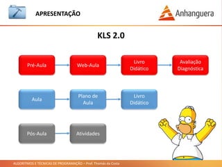 ALGORITMOS E TÉCNICAS DE PROGRAMAÇÃO – Prof. Thomás da Costa
Fundamentos a Algoritmos e as Linguagens de Programação
- Definição de algoritmos e exemplos. Formas de representação de algoritmos : descrição narrativa, pseudocódigo e
fluxograma
- Definição de variáveis, regras de nomenclatura de variáveis, definição de tipos de dados
- Definição de operadores matemáticos, relacionais e lógicos e comando de atribuição
- Definição dos comandos de entrada/saída
Estruturas de Controle
- Definição do comando de seleção IF-ELSE
- Definição do comando de seleção SWITCH-CASE
- Definição do comando de repetição FOR
- Definição do comando de repetição WHILE/DO-WLHILE
Estruturas de Dados Homogêneas
- Definição da estrutura de dado homogênea unidimensional - vetor e suas operações e aplicações
- Definição da estrutura de dado homogênea unidimensional - vetor e suas operações e aplicações na prática
- Definição da estrutura de dado homogênea unidimensional - matriz e suas operações e aplicações
- Definição da estrutura de dado homogênea unidimensional - matriz e suas operações na prática
Estruturas de Dados Heterogêneas
- Definição da estrutura de dado heterogênea -struct e suas operações
- Definição da estrutura de dado heterogênea -struct e suas aplicações
- Definição da estrutura de dado heterogênea -struct e suas operações e aplicações
- Definição da estrutura de dado heterogênea -struct e suas operações e aplicações práticas
APRESENTAÇÃO
 