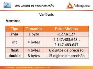 ALGORITMOS E TÉCNICAS DE PROGRAMAÇÃO – Prof. Thomás da Costa
Variáveis
LINGUAGEM DE PROGRAMAÇÃO
Tamanhos:
Tipo Tamanho Faixa Mínima
char 1 byte -127 a 127
int 4 bytes
-2.147.483.648 a
2.147.483.647
float 4 bytes 6 dígitos de precisão
double 8 bytes 15 dígitos de precisão
 
