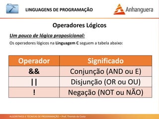 ALGORITMOS E TÉCNICAS DE PROGRAMAÇÃO – Prof. Thomás da Costa
Operadores Lógicos
Um pouco de lógica proposicional:
Os operadores lógicos na Linguagem C seguem a tabela abaixo:
LINGUAGEM DE PROGRAMAÇÃO
Operador Significado
&& Conjunção (AND ou E)
|| Disjunção (OR ou OU)
! Negação (NOT ou NÃO)
 