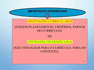 ADAPTAÇÕES CURRICULARES
ATIVIDADES DIVERSIFICADAS
(EXIGEM PLANEJAMENTO, CRITÉRIOS, PARTEM
DO CURRÍCULO).
DE
(NÃO TEM OLHAR PARA O CURRÍCULO, FORA DO
CONTEXTO).
IMPORTANTE DIFERENCIAR
14
 