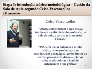 Celso Vasconcellos
“Queria compreender o que estava
implicado na atividade do professor, na
sala de aula, quais suas dimensões
básicas.”
“Procurei tentar entender a minha
prática, como professor, como
coordenador pedagógico, como diretor de
escola, para através disso, ajudar os
colegas educadores a também
entenderem a sua prática”
Etapa 3: Introdução teórico-metodológica – Gestão da
Sala de Aula segundo Celso Vasconcellos
- 3º momento
 