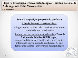 Etapa 3: Introdução teórico-metodológica – Gestão da Sala de
Aula segundo Celso Vasconcellos
- 3º momento
Tomada de posição por parte do professor
Atitude docente transformadora:
- Engajamento na luta pela transformação maior
da sociedade e da educação
- Luta no seu território – a sala de aula – Zona de
Autonomia Relativa (ZAR), espaço
compreendido entre o limite externo e o limite
interno do sujeito e/ou da instituição. O que
temos que fazer já , explorando possibilidades
 