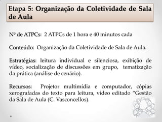 Nº de ATPCs: 2 ATPCs de 1 hora e 40 minutos cada
Conteúdo: Organização da Coletividade de Sala de Aula.
Estratégias: leitura individual e silenciosa, exibição de
vídeo, socialização de discussões em grupo, tematização
da prática (análise de cenário).
Recursos: Projetor multimídia e computador, cópias
xerografadas do texto para leitura, vídeo editado “Gestão
da Sala de Aula (C. Vasconcellos).
Etapa 5: Organização da Coletividade de Sala
de Aula
 