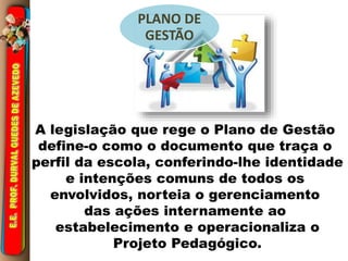 PLANO DE 
GESTÃO 
A legislação que rege o Plano de Gestão 
define-o como o documento que traça o 
perfil da escola, conferindo-lhe identidade 
e intenções comuns de todos os 
envolvidos, norteia o gerenciamento 
das ações internamente ao 
estabelecimento e operacionaliza o 
Projeto Pedagógico. 
 