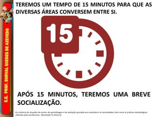 TEREMOS UM TEMPO DE 15 MINUTOS PARA QUE AS
DIVERSAS ÁREAS CONVERSEM ENTRE SI.
APÓS 15 MINUTOS, TEREMOS UMA BREVE
SOCIALIZAÇÃO.
b) a vivência de situações de ensino, de aprendizagem e de avaliação ajustadas aos conteúdos e às necessidades, bem como às práticas metodológicas
utilizadas pelos professores; (Resolução 75 alínea b)
 