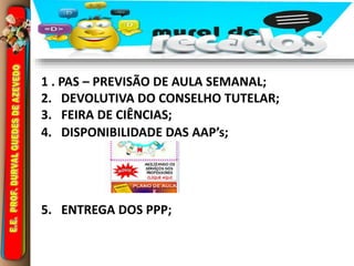 1 . PAS – PREVISÃO DE AULA SEMANAL;
2. DEVOLUTIVA DO CONSELHO TUTELAR;
3. FEIRA DE CIÊNCIAS;
4. DISPONIBILIDADE DAS AAP’s;
5. ENTREGA DOS PPP;
 
