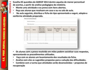 Escolha 05 questões do SARESP 2013 dentre aquelas de menor percentual 
de acertos, a partir da análise pedagógica do relatório. 
• Monte uma atividade e ou prova com itens abertos. 
• Peça aos alunos que resolvam em casa e ou na sala de aula. 
• Na aula seguinte, distribua a ficha do tipo apresentado a seguir, adapte-a 
conforme atividade preparada. 
• Os alunos com a prova resolvida em mãos podem socializar suas respostas, 
apresentando os procedimentos utilizados. 
• Faça com os alunos um levantamento dos resultados da ficha. 
• Analise com eles as sugestões propostas para a solução das dificuldades. 
• Combine com a turma que atividades serão desenvolvidas – propostas de 
recuperação 
PROPOSTA 1 
 