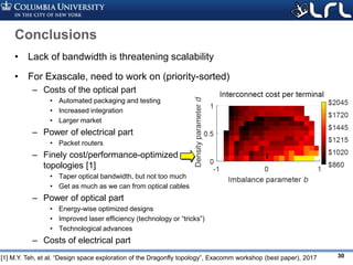 Rev PA1Rev PA1 30
Conclusions
• Lack of bandwidth is threatening scalability
• For Exascale, need to work on (priority-sorted)
– Costs of the optical part
• Automated packaging and testing
• Increased integration
• Larger market
– Power of electrical part
• Packet routers
– Finely cost/performance-optimized
topologies [1]
• Taper optical bandwidth, but not too much
• Get as much as we can from optical cables
– Power of optical part
• Energy-wise optimized designs
• Improved laser efficiency (technology or “tricks”)
• Technological advances
– Costs of electrical part
[1] M.Y. Teh, et al. “Design space exploration of the Dragonfly topology”, Exacomm workshop (best paper), 2017
 