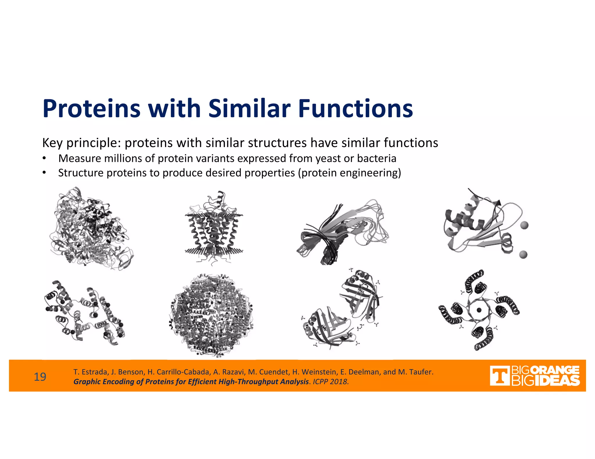 Proteins with Similar Functions
Key principle: proteins with similar structures have similar functions
• Measure millions of protein variants expressed from yeast or bacteria
• Structure proteins to produce desired properties (protein engineering)
19 T. Estrada, J. Benson, H. Carrillo-Cabada, A. Razavi, M. Cuendet, H. Weinstein, E. Deelman, and M. Taufer.
Graphic Encoding of Proteins for Efficient High-Throughput Analysis. ICPP 2018.
 