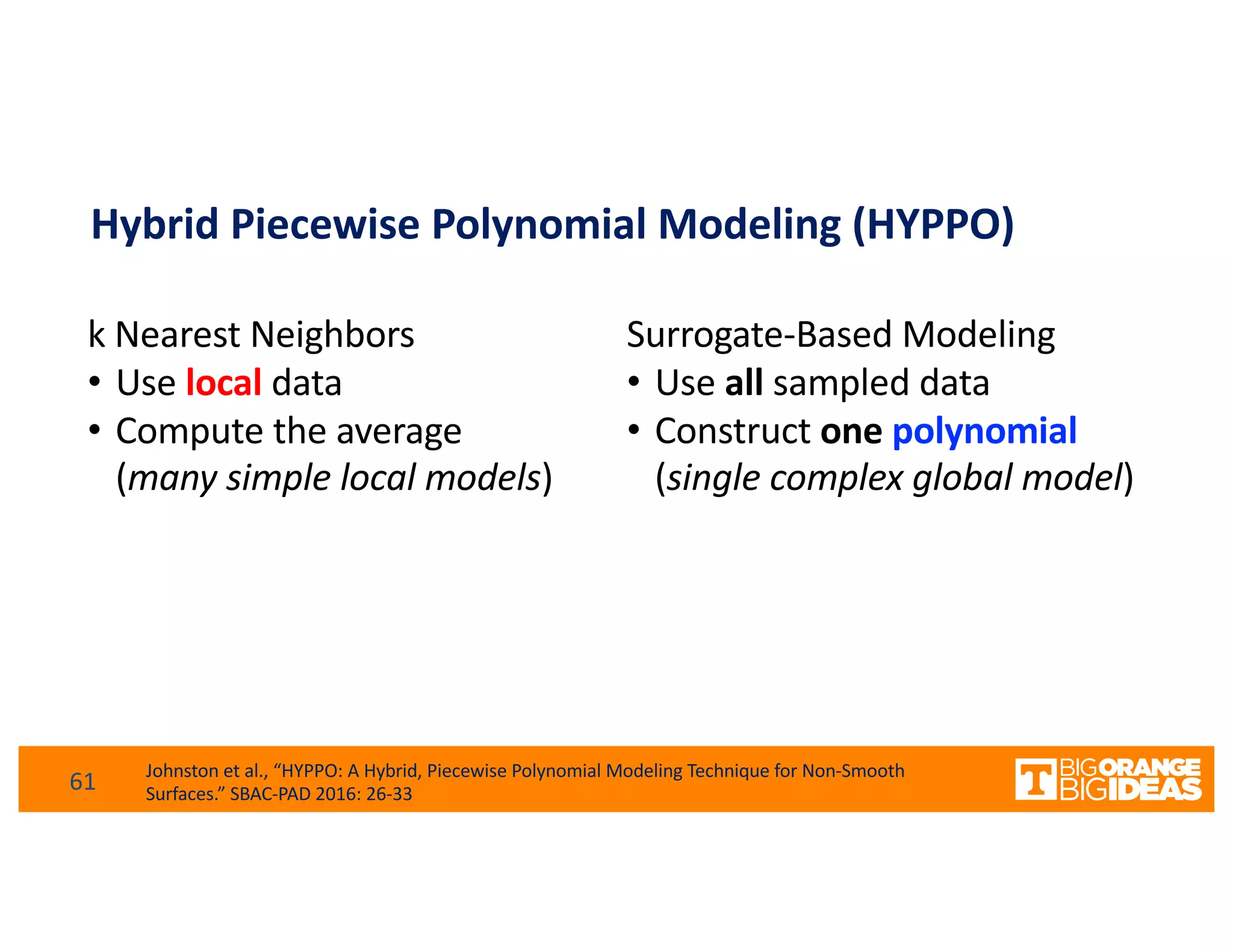 Hybrid Piecewise Polynomial Modeling (HYPPO)
Surrogate-Based Modeling
• Use all sampled data
• Construct one polynomial
(single complex global model)
k Nearest Neighbors
• Use local data
• Compute the average
(many simple local models)
61 Johnston et al., “HYPPO: A Hybrid, Piecewise Polynomial Modeling Technique for Non-Smooth
Surfaces.” SBAC-PAD 2016: 26-33
 