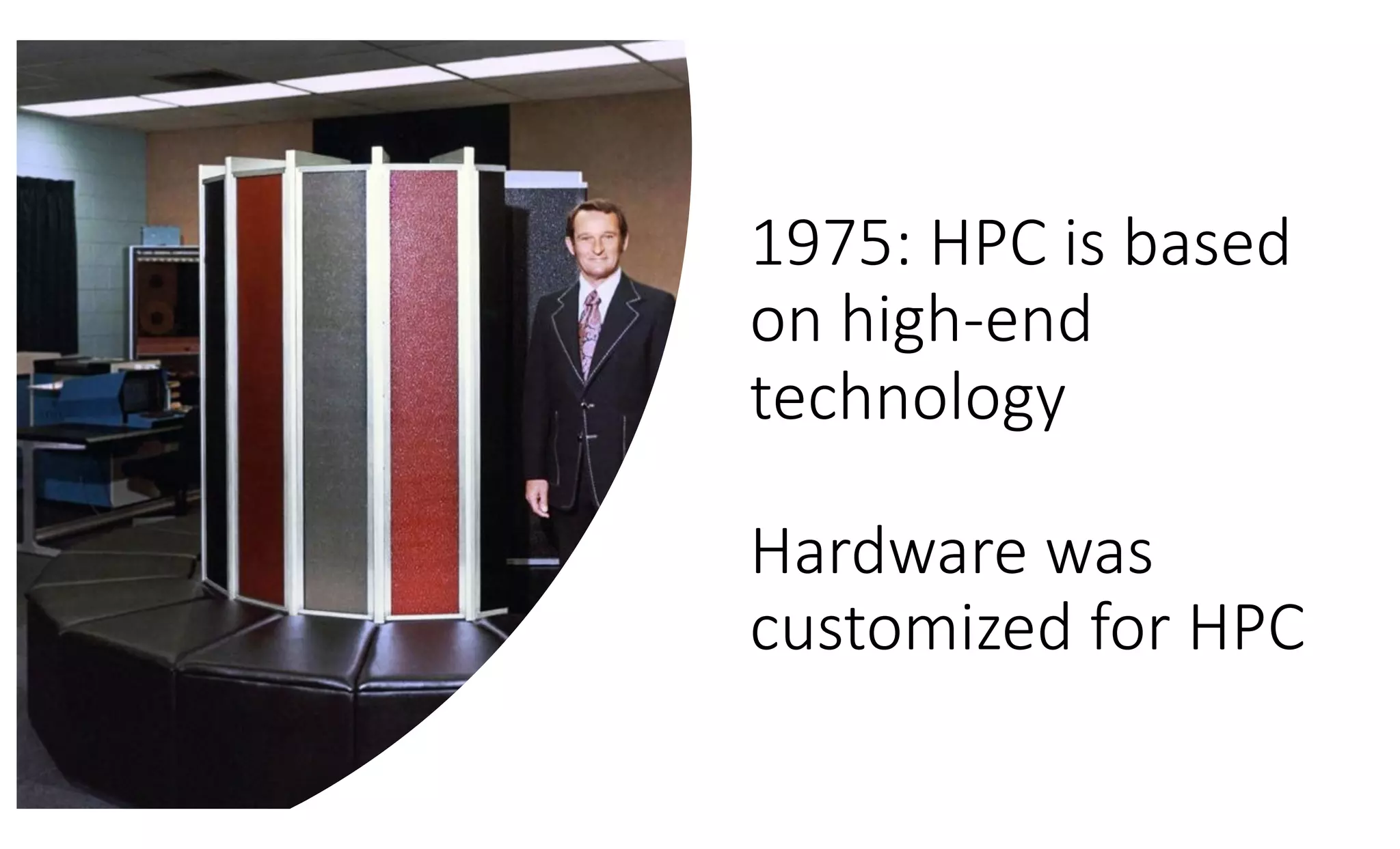 1975: HPC is based
on high-end
technology
Hardware was
customized for HPC
 