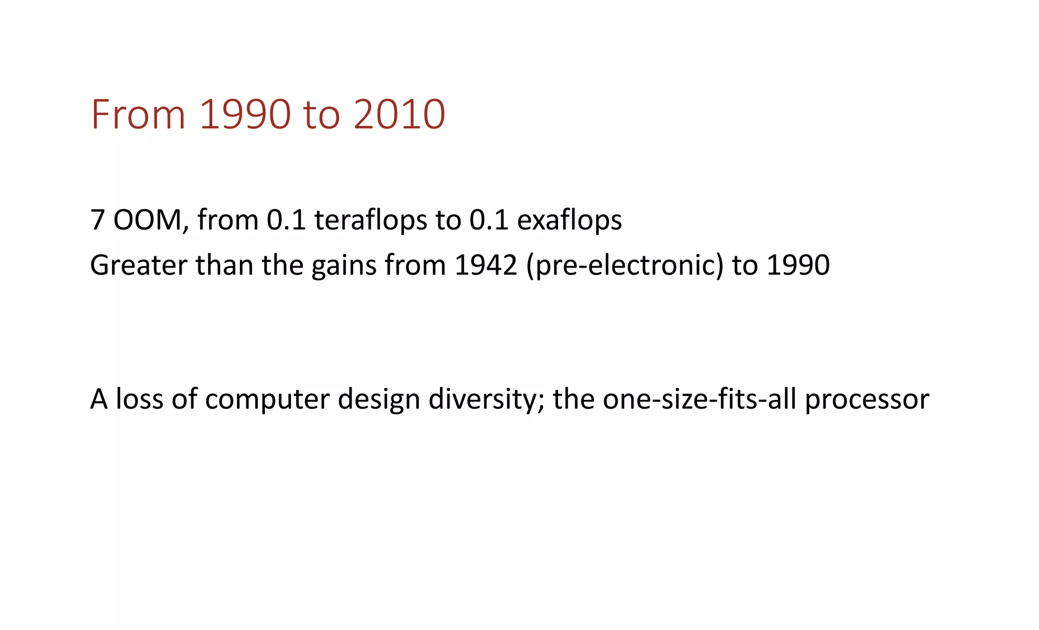 From 1990 to 2010
7 OOM, from 0.1 teraflops to 0.1 exaflops
Greater than the gains from 1942 (pre-electronic) to 1990
A loss of computer design diversity; the one-size-fits-all processor
 