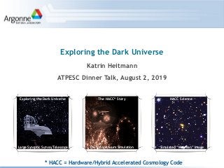 Katrin Heitmann
ATPESC Dinner Talk, August 2, 2019
Exploring the Dark Universe
Exploring the Dark Universe HACC Science
The Q Continuum Simulation Simulated “Magellan” Image
The HACC* Story
* HACC = Hardware/Hybrid Accelerated Cosmology Code
Large Synoptic Survey Telescope
 