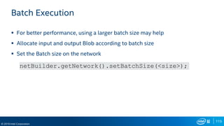 115
© 2019 Intel Corporation
Batch Execution
 For better performance, using a larger batch size may help
 Allocate input and output Blob according to batch size
 Set the Batch size on the network
netBuilder.getNetwork().setBatchSize(<size>);
 