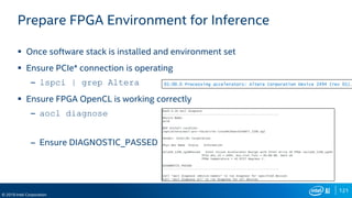 121
© 2019 Intel Corporation
Prepare FPGA Environment for Inference
 Once software stack is installed and environment set
 Ensure PCIe* connection is operating
– lspci | grep Altera
 Ensure FPGA OpenCL is working correctly
– aocl diagnose
– Ensure DIAGNOSTIC_PASSED
 