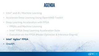 127
Agenda
• Intel® and AI / Machine Learning
• Accelerate Deep Learning Using OpenVINO Toolkit
• Deep Learning Acceleration with FPGA
– FPGAs and Machine Learning
– Intel® FPGA Deep Learning Acceleration Suite
– Execution on the FPGA (Model Optimizer & Inference Engine)
• Intel® Agilex® FPGA
• OneAPI
 